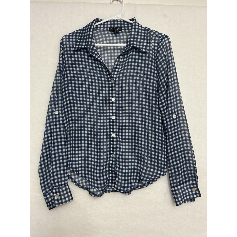 About A Girl Los Angeles M Plaid Navy Check Sheer Button Up Corpcore Farmcore